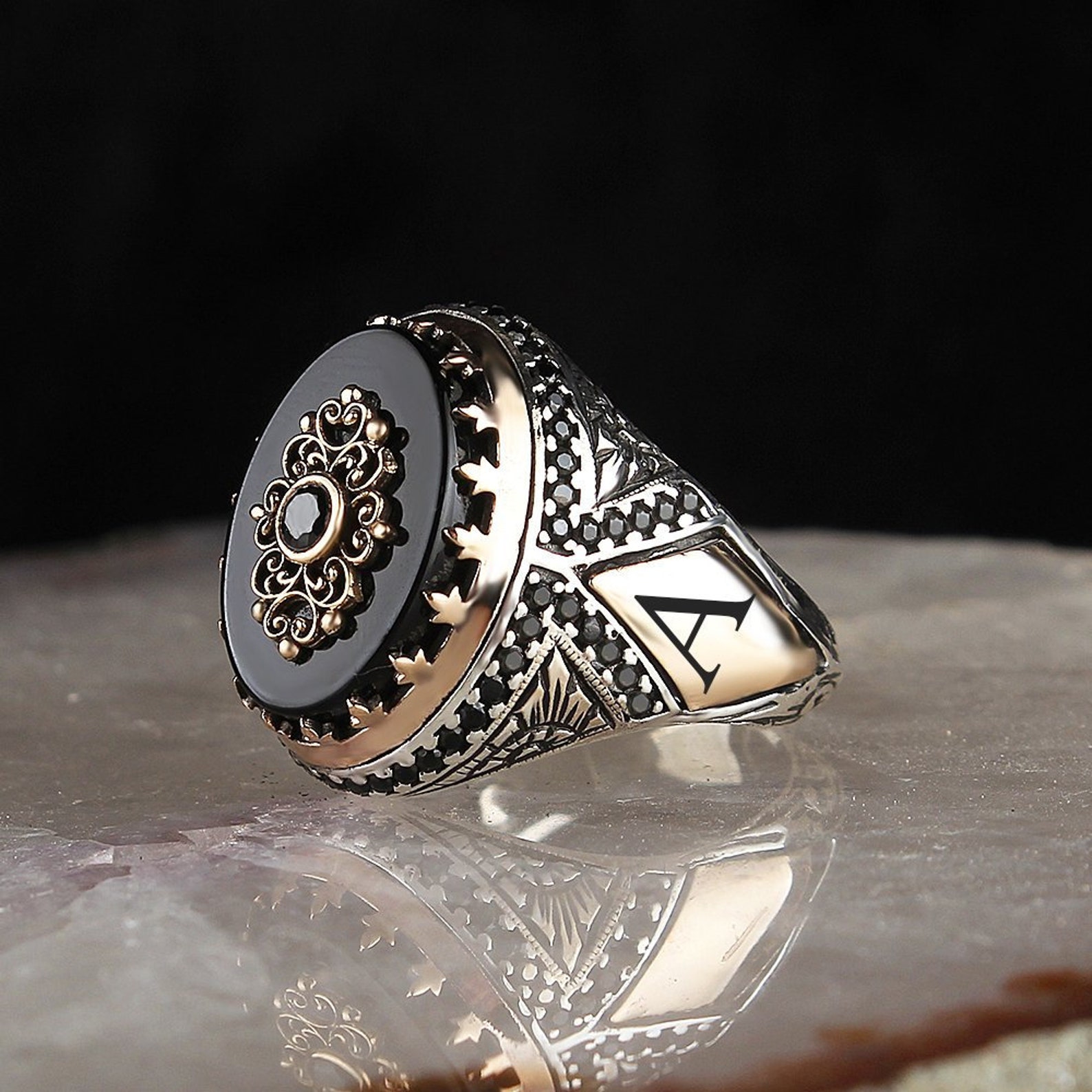 Personalized Men Ring Onyx Stone Initial Ring Mens - Etsy