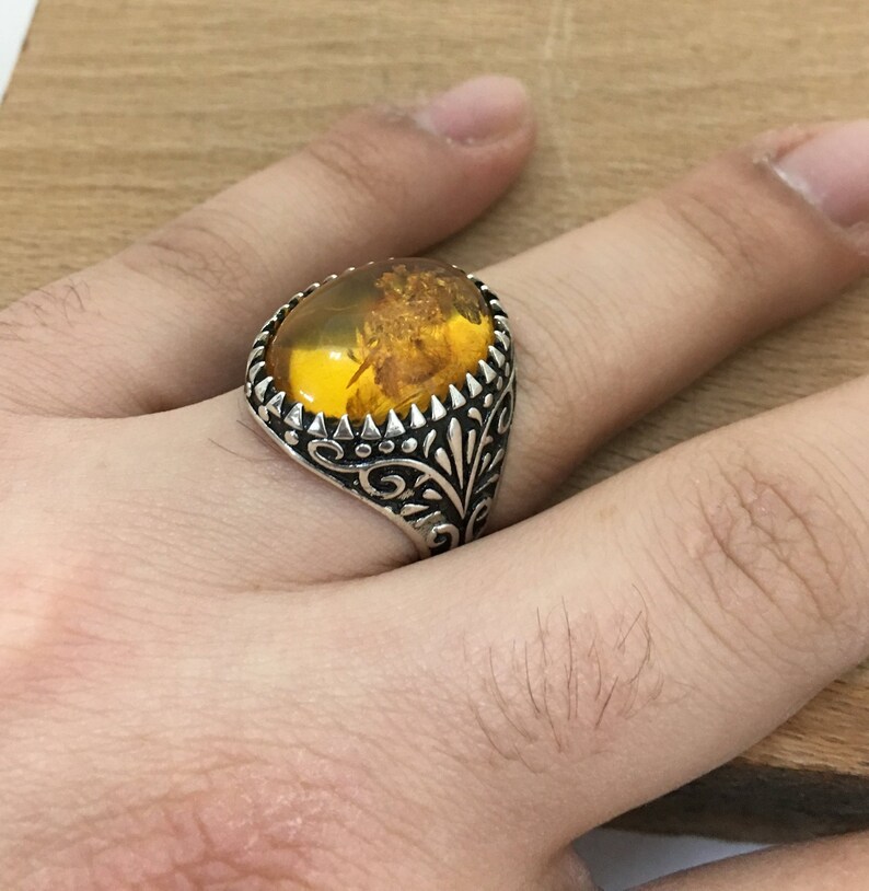 Handmade Silver Men Rings Unique men ring Amber Stone Ring Ups free express shipping. Amber men/'s ring