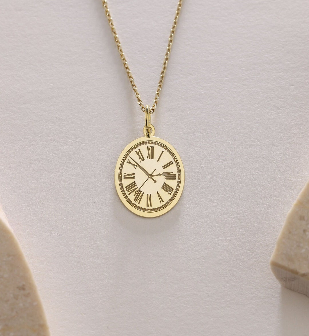 14k Gold Clock Necklace , Personalized Vintage Clock Pendan , Roman Clock Necklace , Custom Time