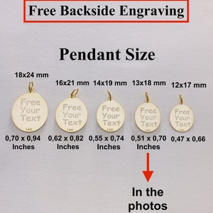 May include: Five gold pendants of different sizes with the text "Free Your Text" engraved on them. The pendants are shown against a white background with the text "Free Backside Engraving" and "Pendant Size" above them. The measurements of each pendant are listed in millimeters and inches.