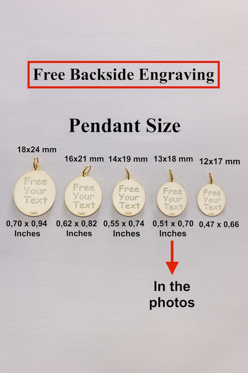 May include: Five gold pendants of different sizes with the text "Free Your Text" engraved on them. The pendants are shown against a white background with the text "Free Backside Engraving" and "Pendant Size" above them. The measurements of each pendant are listed in millimeters and inches.