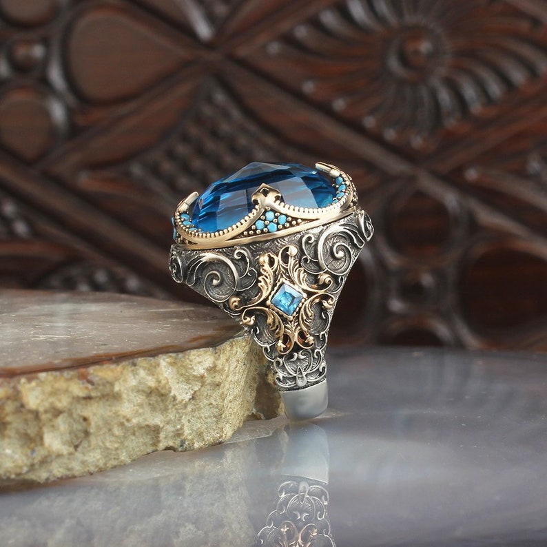 Handmade Silver Aquamarine Men Rings Ring Real sterling silver 925 art design jewelry Ups free express shipping. Unique men ring