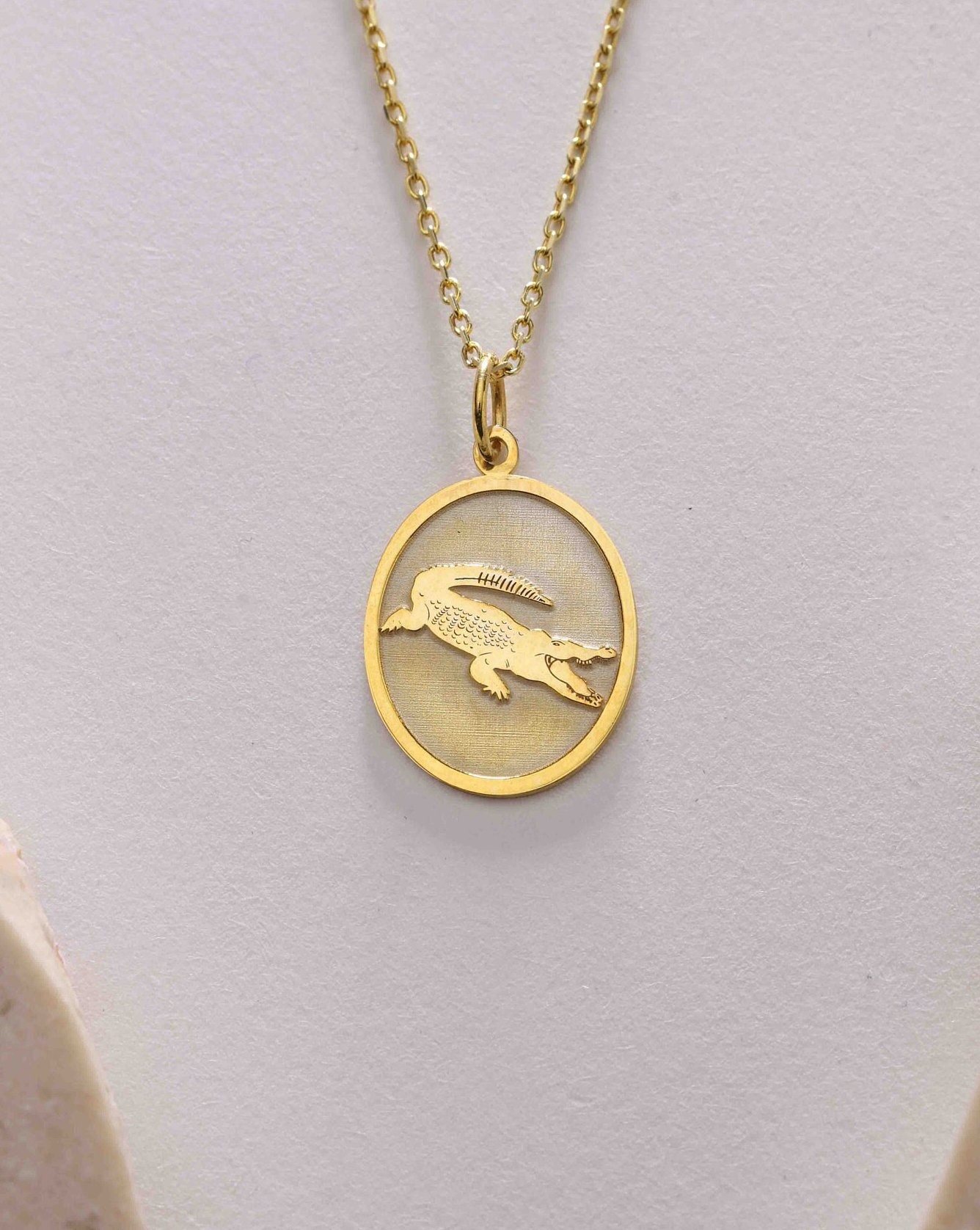 14k Gold Crocodile Necklace , Personalized Alligator Pendant , Animal Necklace , Gold Disc Spirit , Symbol of Life , Birthday Gift