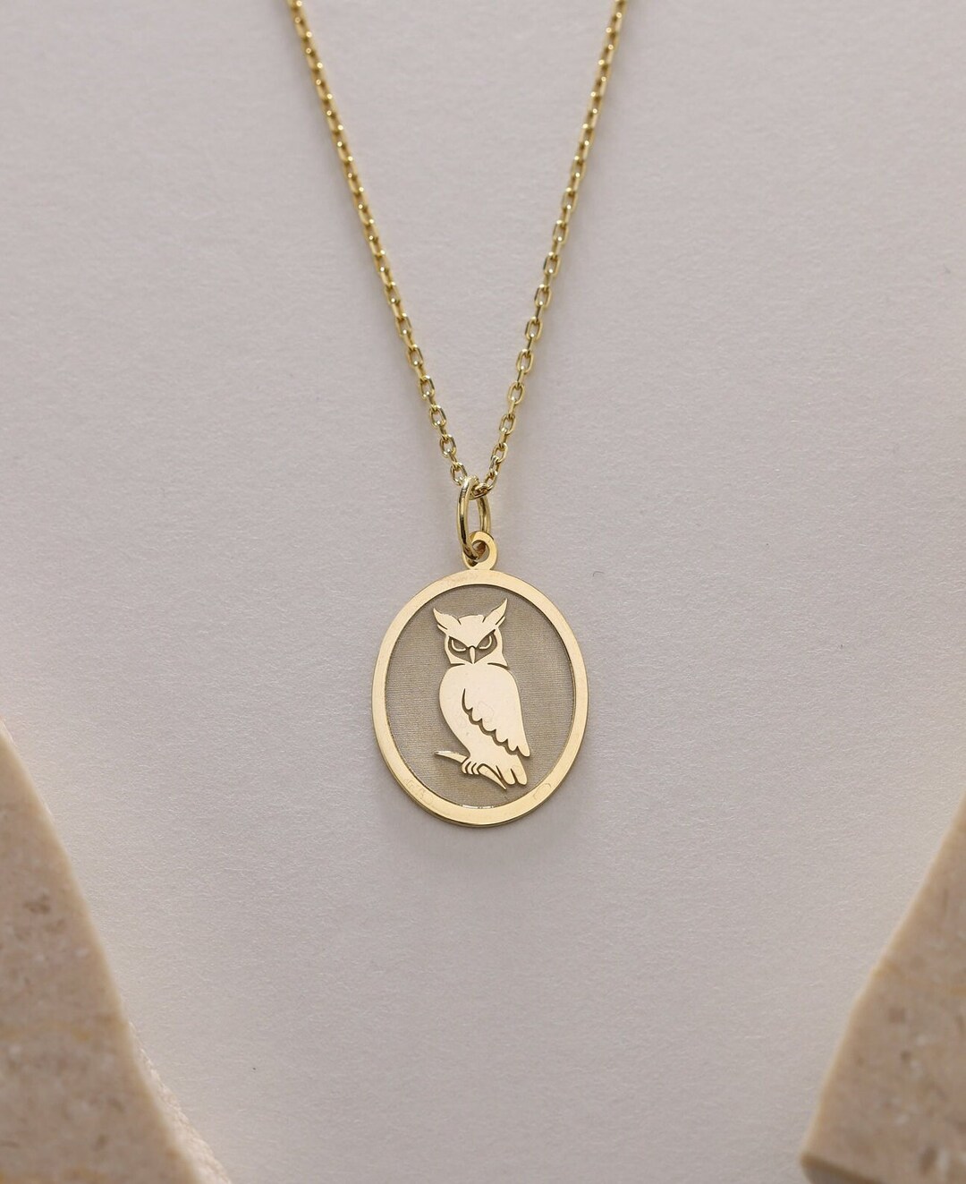 14k Gold Owl Necklace , Solid Gold Owl Pendant , Personalized Owl