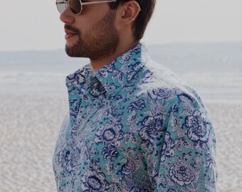 Men's lightweight cotton long sleeve block printed shirt