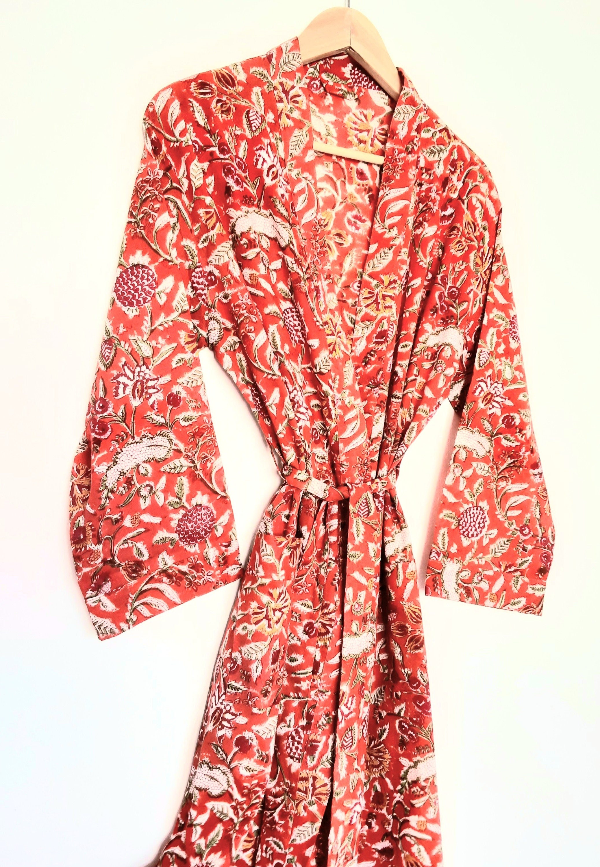 Cotton Kimono Robe Lightweight Dressing Gown Block Print Etsy UK