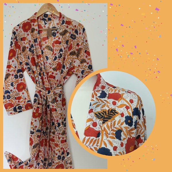 Cotton Kimono Robe, bathrobe, lightweight dressing gown, Bridesmaids robe, beach cover up, block printed cotton, gifts for her