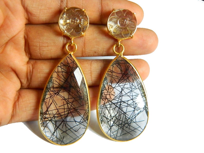 Doublet Black Rutile Quartz Earring Pear Shape Crystal Quartz Etsy