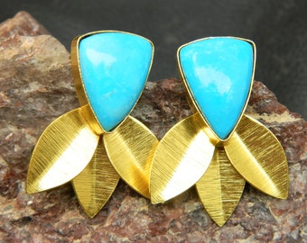 Turquoise Earrings,Gold Plated stud Earrings, Leaf Earrings ,Fashion jewelry, Gemstone earring, Charm earring, Bohemein , Gift for her ,Sale