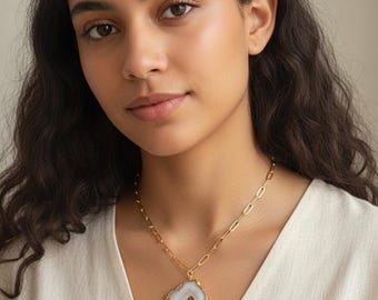 Druzy Agate Slice Pendant Necklace, 18k Gold Filled Chain