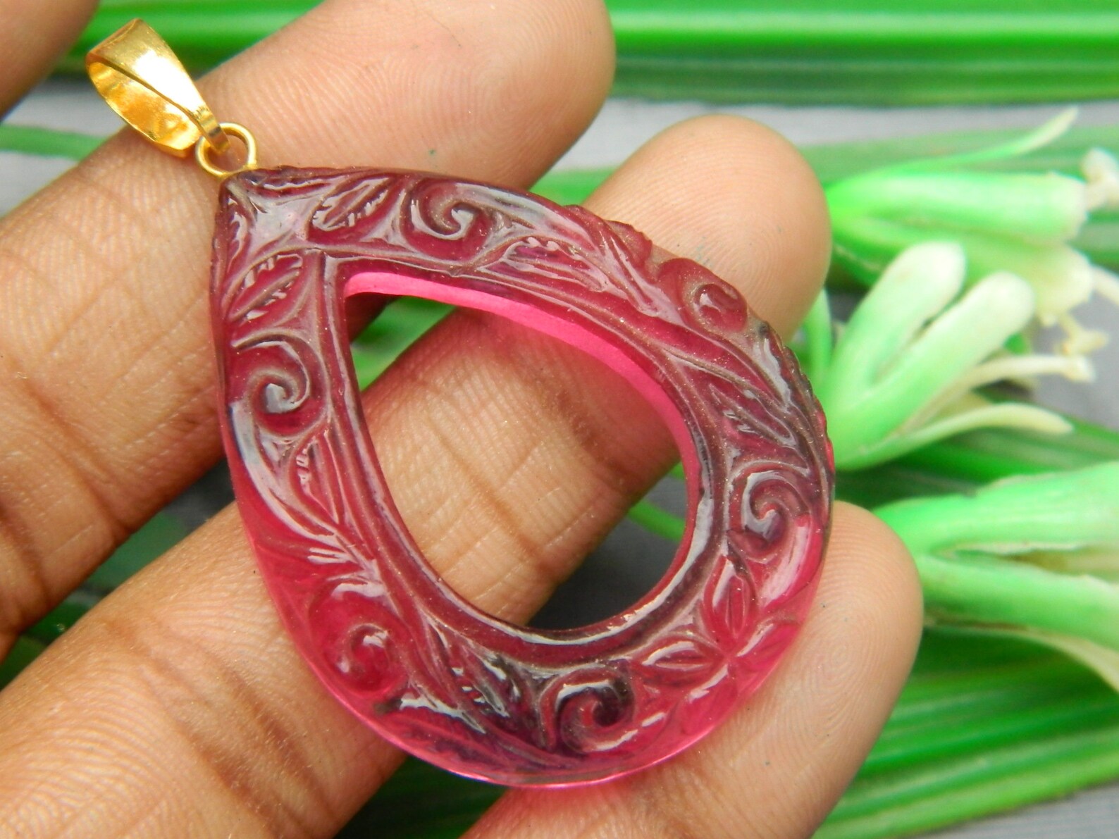 Pink Quartz Pendant Carved Stone Necklace Gemstone Etsy