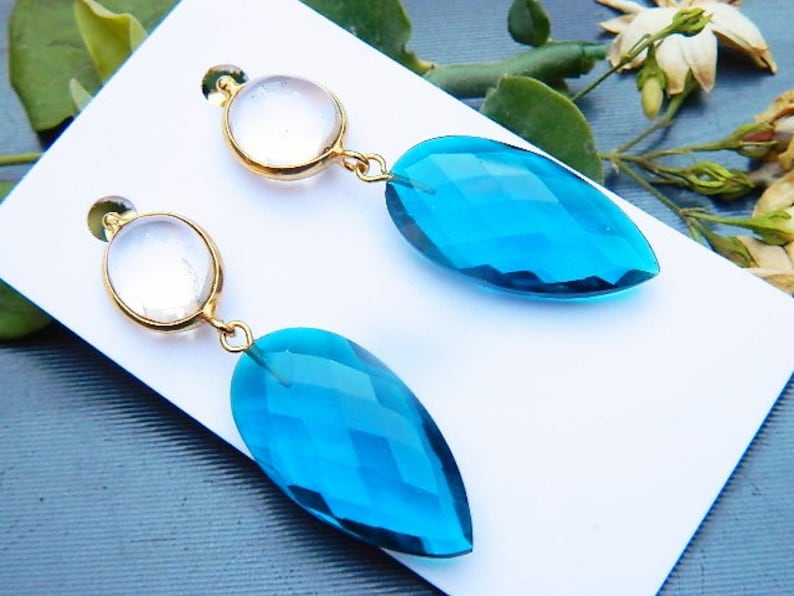 Red Aqua blue and crystal Quartz earring Boho jewelry Beautiful earring Gold electroplated Quartz earring Stud earring gemstone