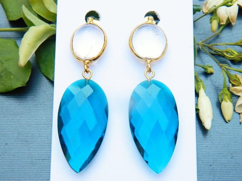Red Aqua blue and crystal Quartz earring Boho jewelry Beautiful earring Gold electroplated Quartz earring Stud earring gemstone