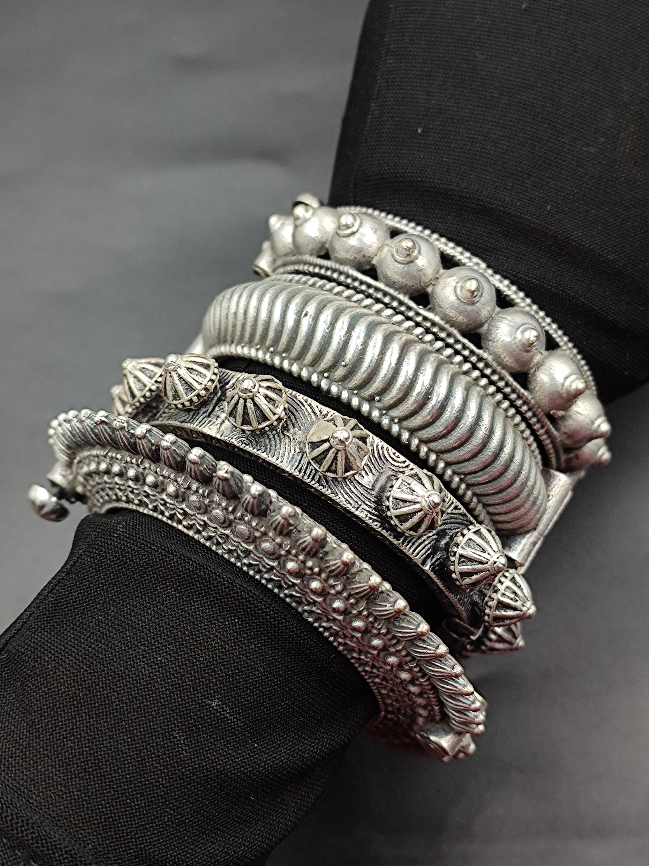 Oxidized Silver Bangle Bracelet Openable Kada Purely Handcrafted Traditional Vintage Boho Antique Look Statement Bangle for Women
