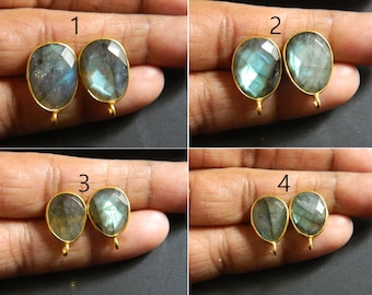 Natural Gemstone Jewelry Supplies Flashy Fire Labradorite Faceted Stone Stud Ear Post Connector Handmade Designer Jewelry Finding Components