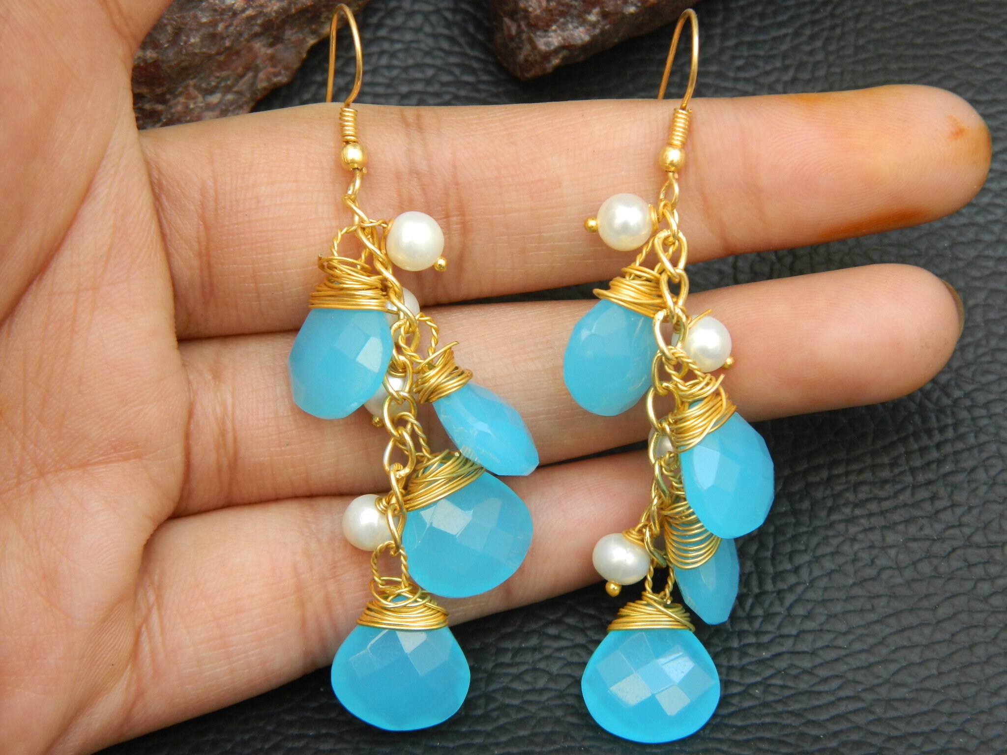 Buy Aqua Blue Chalcedony With Fresh Water Pearl Earrings Gemstone Beaded  Jewelry Handcrafted Wire Wrapped Designer Unique Fashion Jewelry Gift  Online in India - Etsy