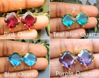 Rubellite Pink, Purple Amethyst, Teal Blue & Swiss Blue Color Synthetic Stones Cushion Faceted Prong Set Studs Connector Jewelry Supplies