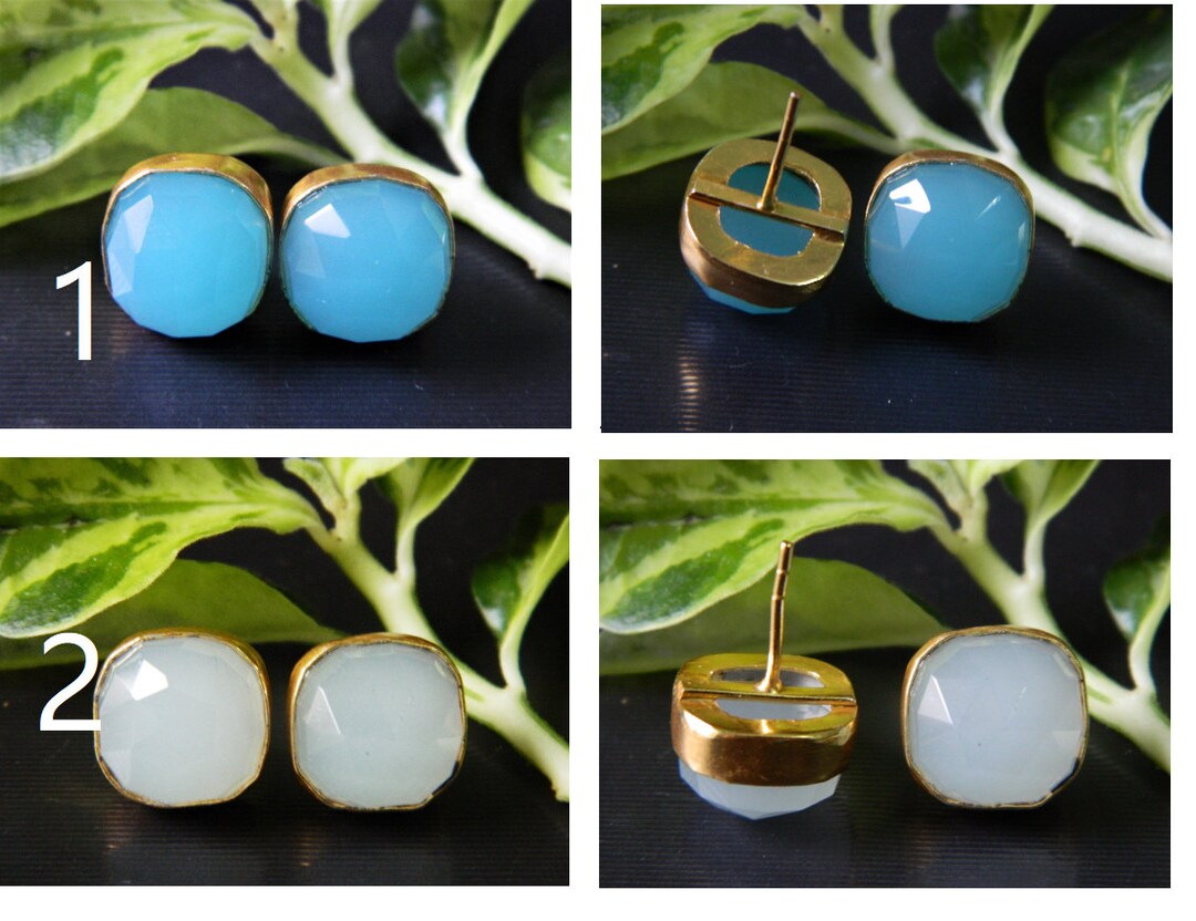 Chalcedony Stud Earrings gemstone Studs cushion Cut Studs Etsy
