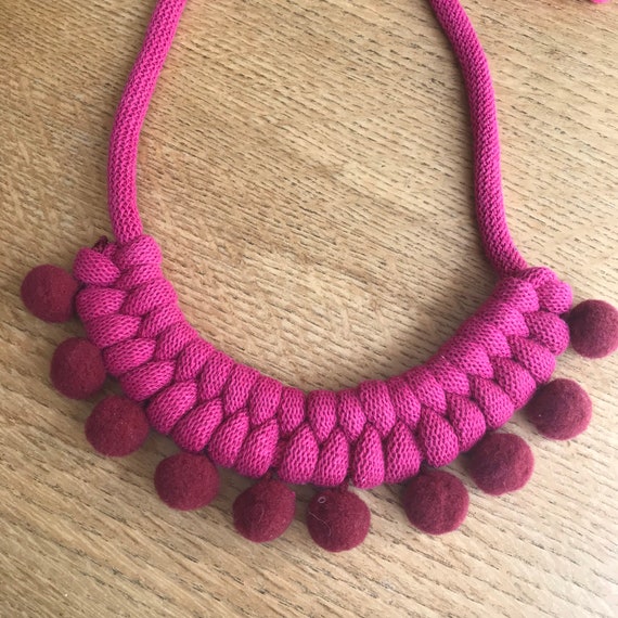 Pink and burgundy Pom Pom necklace