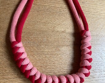 Dual colour knotted rope necklace in red and Peach