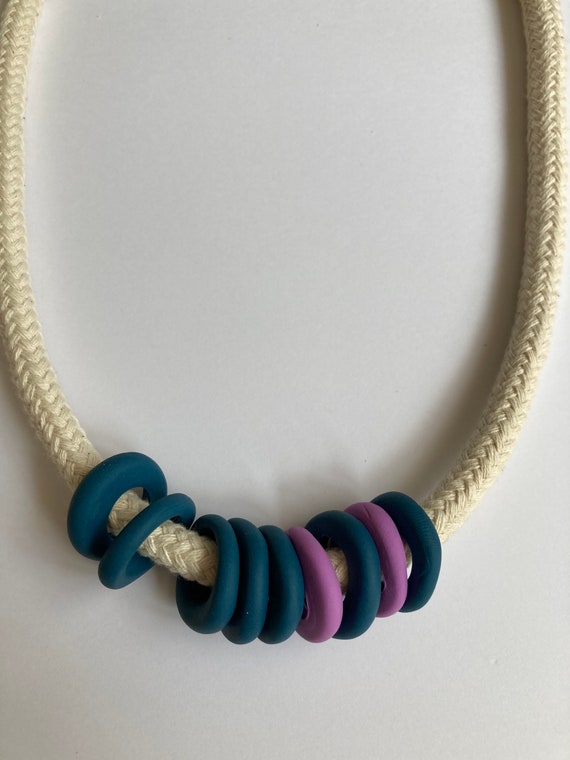 Rope and blue and lilac handmade polymer clay bead necklace