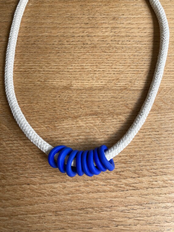 Rope and cobalt blue handmade polymer clay bead necklace