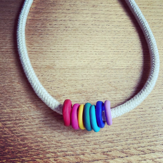 Rope and handmade polymer clay bead rainbow necklace