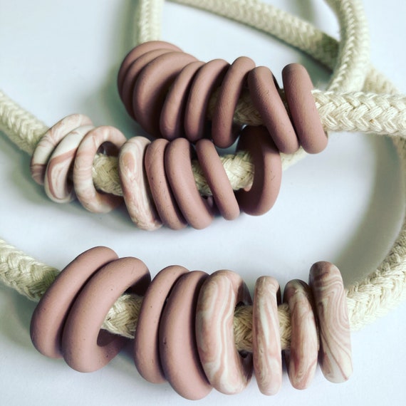 Rope and nude handmade polymer clay bead necklace, block colour and marbled, bold statement necklace,