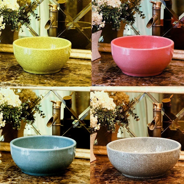 Crackle Effect Basin Sink Bathroom Cloakroom Ceramic Countertop Washing Bowl Round Vessel Handmade Grey Blue Green Yellow Pink Stone Effect