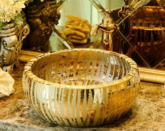 Luxury Gold Water Stream Waterfall Effect Shiny Round Bathroom Cloakroom Ceramic Counter Top Wash Basin Sink Washing Bowl Kasbah Handmade