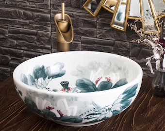 Vintage Traditional Chinese Painting Hand Painted Lotus Golden Fish Handmade Bathroom Ceramic Counter Top Basin Sink Vessel Porcelain Round