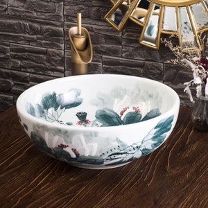 Vintage Traditional Chinese Painting Hand Painted Lotus Golden Fish Handmade Bathroom Ceramic Counter Top Basin Sink Vessel Porcelain Round