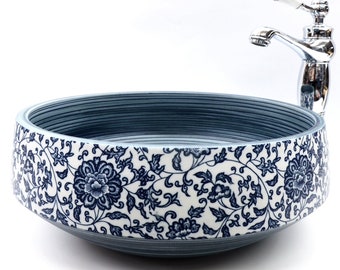 Vintage Floral Patterned Basin Sink Handmade Round Bathroom Vessel Blue White Porcelain China Cloakroom Ceramic Countertop Vanity Wash Bowl