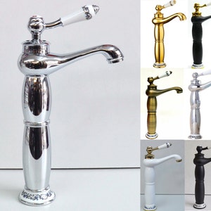 Tall Hot Cold Mixer Tap Faucet Vintage Bathroom Basin Sink Counter Top Mono Bloc Porcelain Chrome Silver Gold Black White Antique Bronze