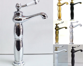 Tall Hot Cold Mixer Tap Faucet Vintage Bathroom Basin Sink Counter Top Mono Bloc Porcelain Chrome Silver Gold Black White Antique Bronze