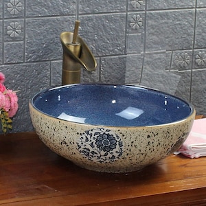 Vintage Floral Pattern Starry Sky Handmade Engraved Round Bathroom Cloakroom Ceramic Counter Top Basin Sink Wash Bowl Vessel Paint Kasbah
