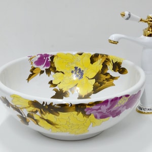 Vintage Yellow Violet Flower leaf Pattern Bathroom Round Basin Sink Ceramic Counter Top Wash Bowl White Porcelain Paint Kasbah Handmade 40cm