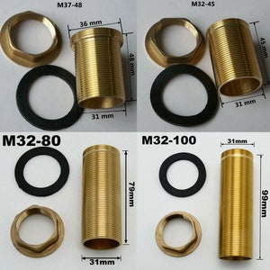 May include: Four brass threaded pipe extensions with different lengths, each with a washer and nut. The lengths are 3.8 cm, 4.6 cm, 7.9 cm, and 9.9 cm.