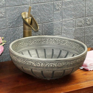 Vintage Floral Pattern Handmade Engraved Pottery Style Round Bathroom Cloakroom Ceramic Counter Top Basin Sink Wash Bowl Vessel Grey Kasbah