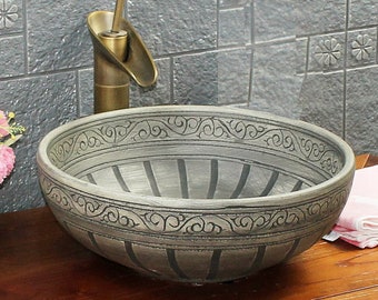 Vintage Floral Pattern Handmade Engraved Pottery Style Round Bathroom Cloakroom Ceramic Counter Top Basin Sink Wash Bowl Vessel Grey Kasbah