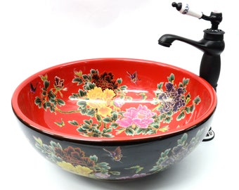 Vintage Butterfly Flower Pattern Black Red Bathroom Round Basin Sink Ceramic Counter Top Wash Bowl Vessel Porcelain Painted Handmade 40 cm