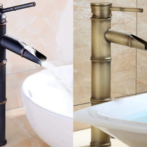 Tall Bamboo Mixer Tap Faucet Waterfall Antique Black Brass Bronze Bathroom Basin Sink Counter Top Washing bowl Mono Bloc Handmade Kasbah