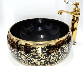 Luxury Gold Black Floral Paisley Shiny Round Bathroom Cloakroom Ceramic Counter Top Wash Basin Sink Washing Bowl Kasbah Handmade Porcelain