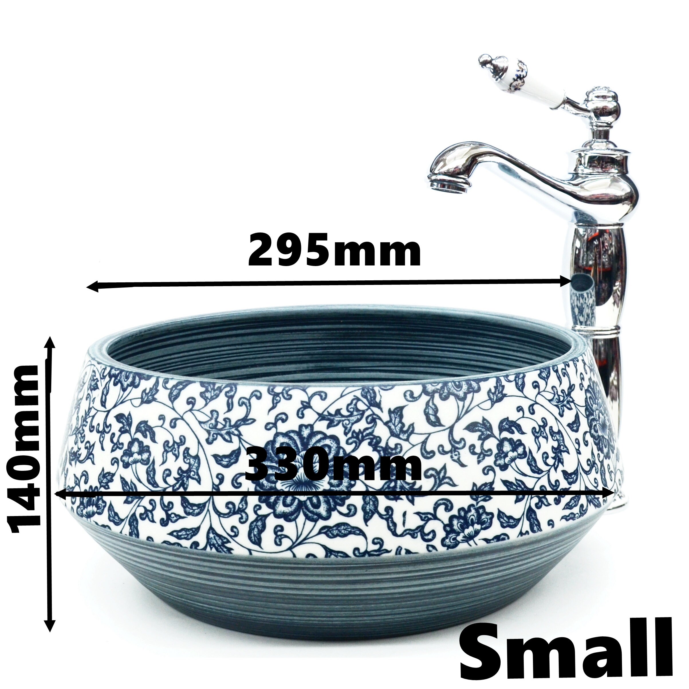 Lavandino da bagno vintage floreale in ceramica con ripiano superiore per lavabo 30 cm, blu 