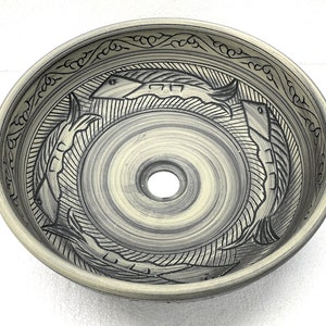 Vintage Floral Ancient Fish Pattern Handmade Engraved Round Bathroom Cloakroom Ceramic Counter Top Basin Sink Wash Bowl Vessel Grey Kasbah