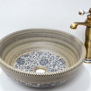 Vintage Floral Patterned Kasbah Handmade Round Bathroom Cloakroom Ceramic Counter Top Basin Sink Vessel Wash Bowl Green Print 300 350 400 mm