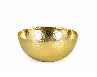 Gold Metal Bowl Table Decorative Dishes Round Hand Finished Curvy Edge Bowl