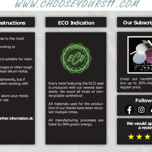 May include: A black and white image with three sections. The left section has a list of care instructions for silicone molds. The middle section has a green ECO seal and text about the company's commitment to sustainability. The right section shows a subscription box with silicone molds and text about the subscription service. The text "WWW.CHOOSEYOURS11.COM" is at the top of the image.