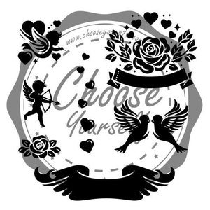 May include: Black and white graphic design with a circular frame featuring a rose, two birds, a cupid with a bow and arrow, and a banner with the text "Choose Your Love".