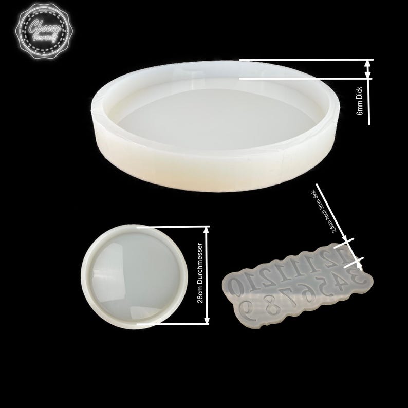 Cirkelform i silikon 10 till 50 cm i diameter 6-50 mm tjock Resinform Underlägg Klocka och bordsform 28cm mit Zahlen